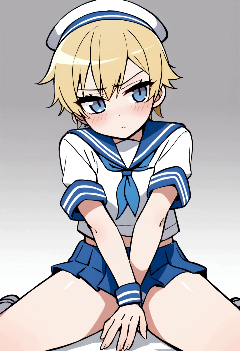 Blonde,wolf cut. Shota, sailor suit, sailor hat, blue eyes, tomboy, Naughty