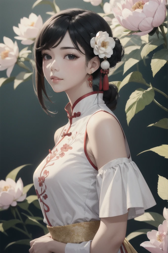 (masterpiece1.2),(best quality:1.2),highres,extremely detailed 8k wallpaper,very clear,realistic,1girl,full body,(soft smile),bare shoulders,solo,jewelry,earrings,realistic,1girl,black hair,chinese clothes,white qipao,looking at viewer,upper body,flower,shirt,peony \(flower\),white shirt,lips,hair ornament,black eyes,DOF,soft light,gongbi color ink style, 
