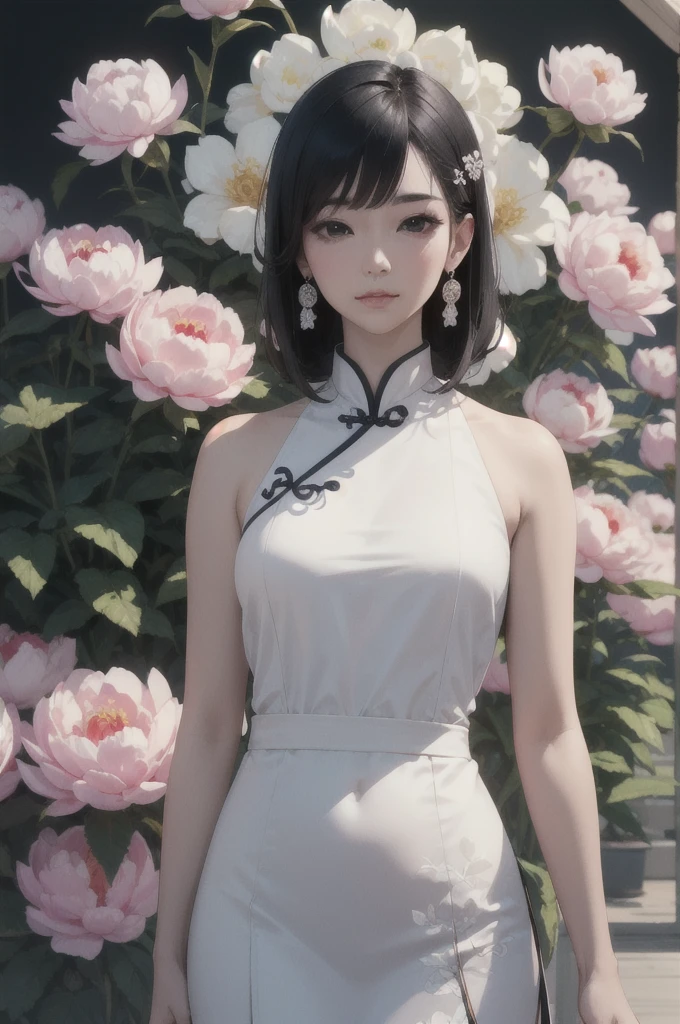 (masterpiece1.2),(best quality:1.2),highres,extremely detailed 8k wallpaper,very clear,realistic,1girl,full body,(soft smile),bare shoulders,solo,jewelry,earrings,realistic,1girl,black hair,chinese clothes,white qipao,looking at viewer,upper body,flower,shirt,peony \(flower\),white shirt,lips,hair ornament,black eyes,DOF,soft light,gongbi color ink style, 