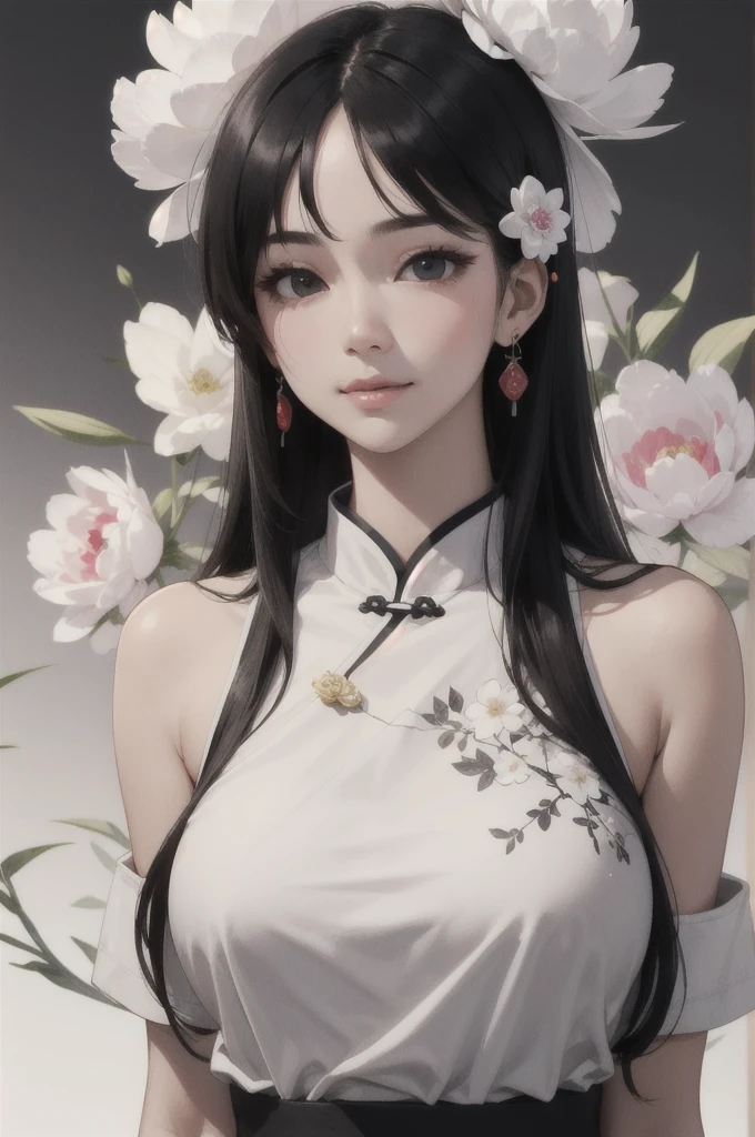 (masterpiece1.2),(best quality:1.2),highres,extremely detailed 8k wallpaper,very clear,realistic,1girl,full body,(soft smile),bare shoulders,solo,jewelry,earrings,realistic,1girl,black hair,chinese clothes,white qipao,looking at viewer,upper body,flower,shirt,peony \(flower\),white shirt,lips,hair ornament,black eyes,DOF,soft light,gongbi color ink style,