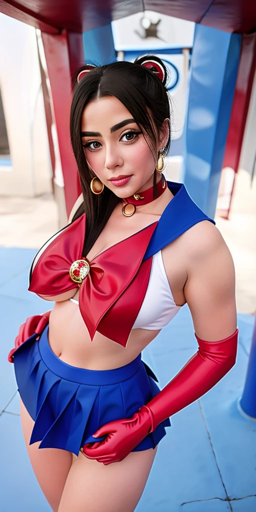 smusagitsukino, ClassicSM_Blue_skirt_White_gloves_Red_boots_Red_choker_Red_bowtie_Red_back_bow_Circlet_Red_bun_cover, standing, solo, huge_, masterpiece, best quality, detailed face, detailed eyes, highres,