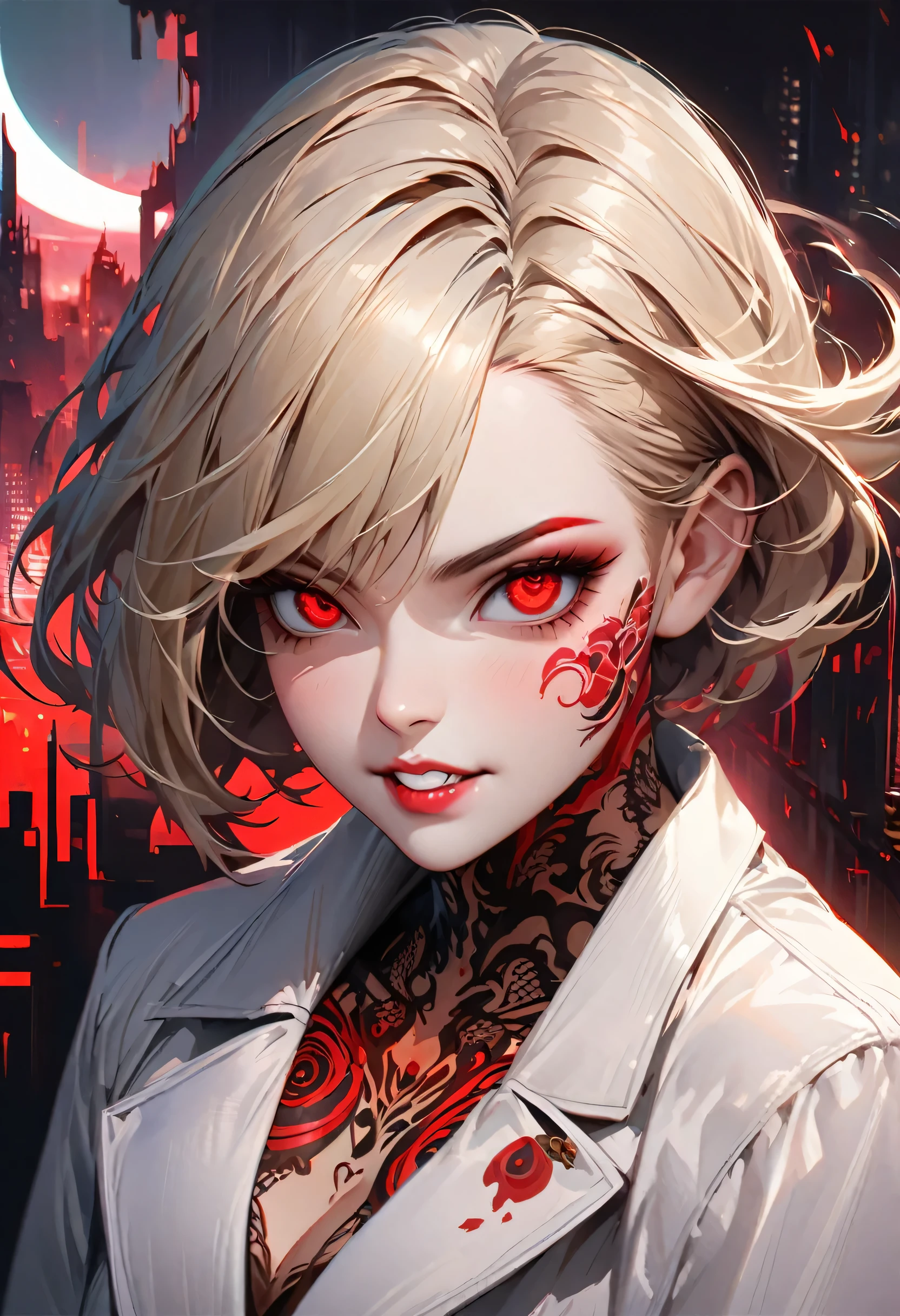 A striking female portrait featuring a woman with long, light blonde hair streaked with vibrant red highlights, creating a unique two-tone effect. Her large, piercing red and bloodshot eyes gaze intensely, adding an unsettling yet captivating presence. Dressed in formal attire, her body is adorned with numerous intricate tattoos, including a prominent moon design on her face. The woman's symmetrical features and malevolent, wide grin convey a villainous, sinister demeanor, set against a dark, urban cityscape backdrop. Rendered in high-contrast, hyper-detailed 8K resolution with a digital art style reminiscent of ArtStation, this realistic and masterful portrait exudes a sense of unsettling allure.