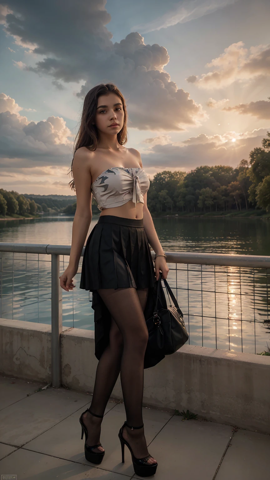 beautiful age girl, 13 yg eyes, sexy body, strapless blouse, small pleated skirt, pantyhose, high heels, ray tracing, 4K, best quality, near the lake, sunrise, cloudy sky, cyberpunk universe