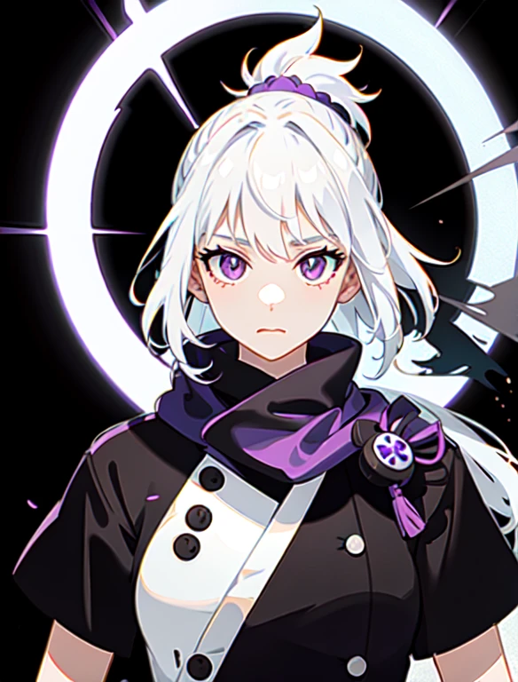 upper body, 1 girl, white hair, ponytail, purple eyes, (Ninja), hat handle, Moderate breath ,scarf, Wallpaper, magic circle background, light particles, blue light,