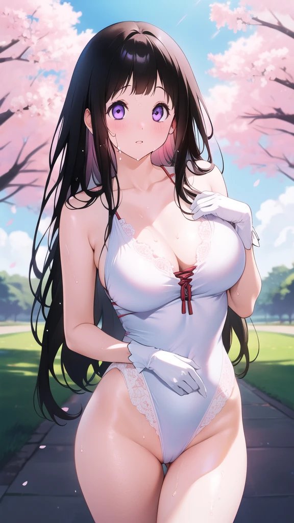 Amazing Chitanda, There is only one beautiful girl,Purple Eyes, Black Hair, Very red face,Very white skin,Glowing skin,Skin as delicate as porcelain,Naturally straight hair, Straight bangs,Extremely refined,Open lips,Long flowing hair,Beautiful Girl, Like a dream,Slim,Slim waist,Soft, (Sensual), (Kawaii), Dream quality,Beautiful big breasts,Transparent loose school uniform,Areola,Completely naked,Lower edge of breast,White gloves,Flower decoration,Deep V neckline,Loose neckline,Lace-up,Wide neckline,Walking in school,Place your hands on your inner thighs,Thighs clamp hands,Wet skin,Sweaty and sweaty,Sweating all over,Underwear Rain,Next to the cherry blossom trees,Back to,Lean over,Hips,Side body,Gluteal groove,Completely naked的臀部,Bare back,Completely naked的背部,Light transmission,(no pants),nopan,pussy juice,Bare shoulders,Bare neck,Exposed collarbone,Exposing breasts,Exposing breasts侧面,Exposing breasts下面,Show your waist,Show your buttocks,Show your thighs,Exposing the groin,(No pants),extremely shy,Ultra-high resolution, (masterpiece:1.2, best quality), (Delicate and beautiful eyes: 1.2), (Beautiful and delicate face)