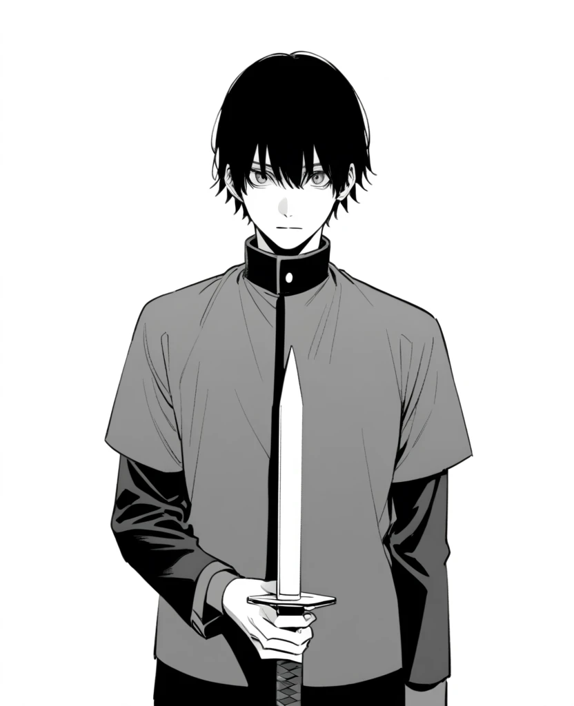 yuto-sano, 1boy, Kaneki, black  hair, unique hairstyle long hair, elegant, monochrome, solo, greyscale, male focus, looking at viewer, holding a sword, front view, FRONT VIEW, FACING CAMERA