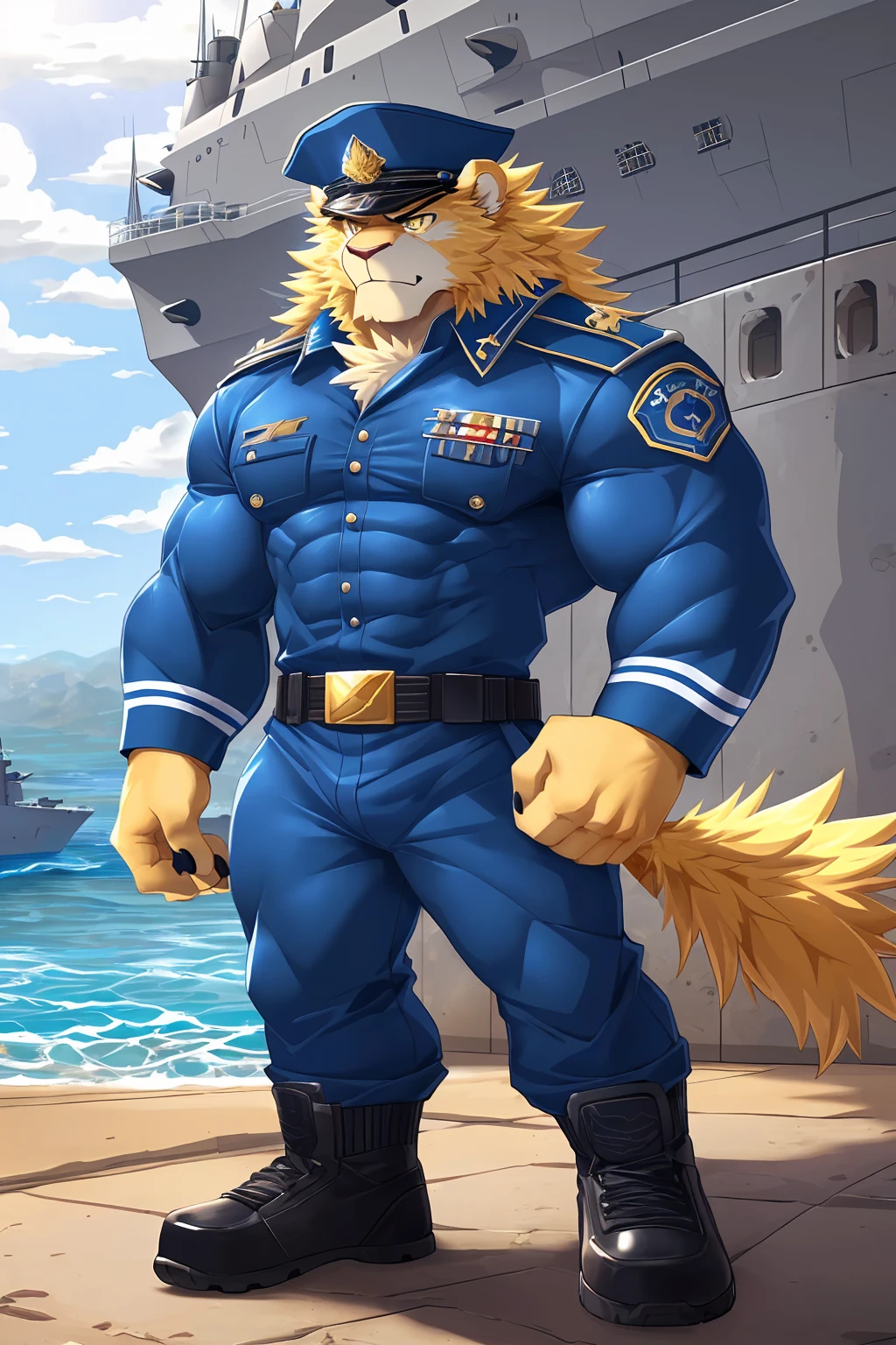 (sfw:1.5), male focus, Handsome 1boy, solitary,protrait photo, (Black thick eyebrows:1.3),single, (Black nails, Black claws:1.4), yellow skin, (yellow tail:1.4), (Perfect grey eyes:1.4), (yellow ears, yellow body, Hand:1.3),(White belly, White chest, 白色Hand臂内侧:1.3), (棕色的mane, Brown tail hair:1.3),
yellow lion, feet, lion, lion boy, lion body, (large eyes:1.4), mane, Lion's Tail, (Chubby, The body is huge, Larger face:1.3), (Lots of scars, lots of scars, Lots of scars:1.3),
(blue military uniform, blue military uniform裤, Wearing a short-sleeved blue uniform:1.4), (Brown belt:1.2) ,(blue military cap:1.4), (褐色的Short shoes, Short shoes:1.2), (裸露Hand腕:1.4),
(full body:1.3), (Mature men:1.4), (Strong body, Large size:1.3), (Strong body, muscle,Strong male, muscle男:1.3), (Red nipples:1.1), (Abdominal muscles:1.4), belly button, (粗壮Hand臂, Strong and strong legs, Strong legs:1.3), (Standing:1.3), (Looking at the audience, Focus, Eyes gaze:1.1), look up, arrogant, Disdain, ruthless, (serious, indifferent, Cold, Unhappy, unhappy:1.4),
full background, (Concrete floor, River dams, Dam:1.2), (seaside, warship, warship, fleet:1.4), (Boat:1.2), daytime, Blue sky, White Cloud,
Mysterious and romantic atmosphere, Caustic lines(refraction, polarization)Perfect anatomical structure, absurd, Detailed background, (Delicate eyes:1.3),Printing style。((artist:Takemoto Arashi))