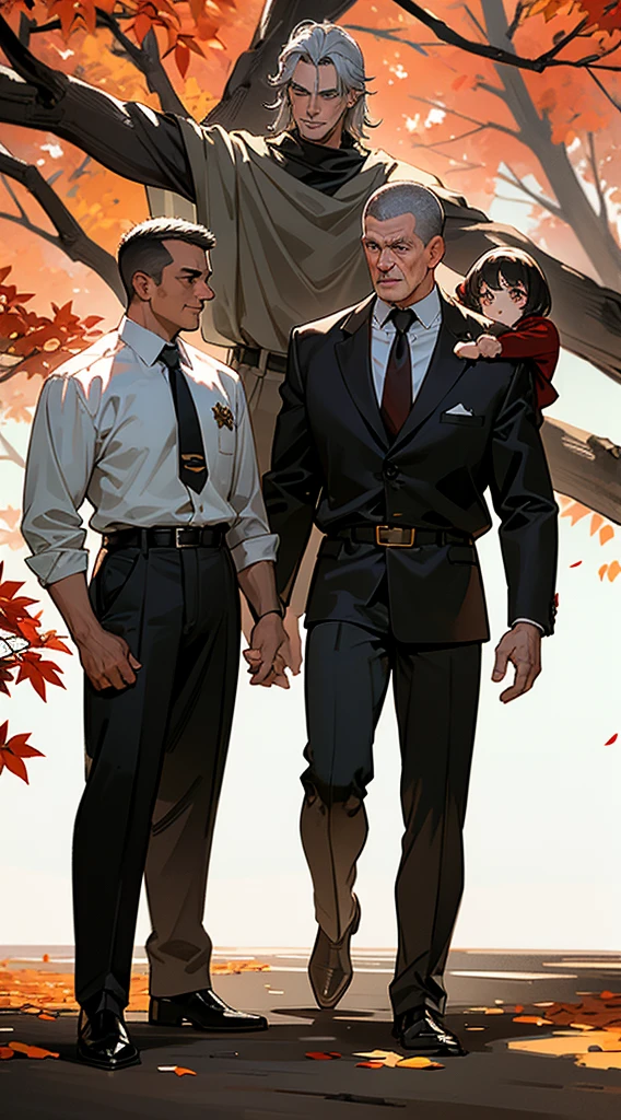 Handsome elderly man, black and gray hair, very short hair, ((crew cut: 1)), golden eyes, fair skin, ((muscular: 1)), man, 50 years old, muscular, in good shape, muscular. no shirt, gold details, wide gray pants, black and brown belts, black boots, many belts, paladin, patriarch, black trees with red leaves, trees in the background, man with his sons and daughters.
