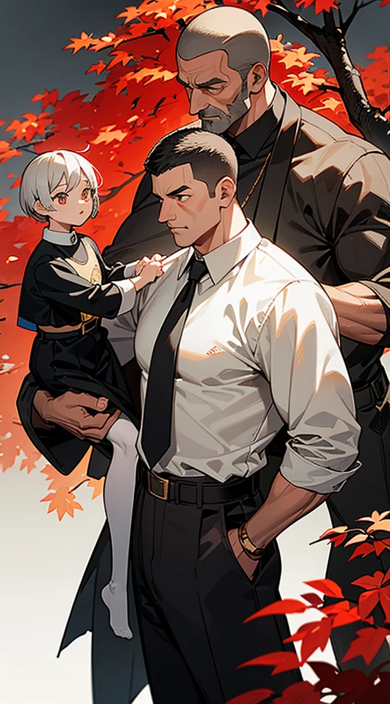 Handsome elderly man, black and gray hair, very short hair, ((crew cut: 1)), golden eyes, fair skin, ((muscular: 1)), man, 50 years old, muscular, in good shape, muscular. no shirt, gold details, wide gray pants, black and brown belts, black boots, many belts, paladin, patriarch, black trees with red leaves, trees in the background, man with his sons and daughters.
