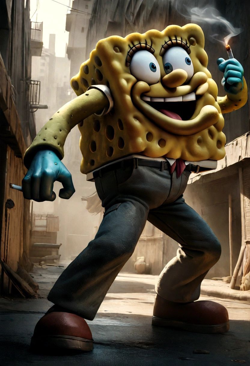 1 cartoon character SpongeBob SquarePants, smoking cigarette, detailed facial features, dynamic pose, cinematic lighting, moody atmosphere, gritty urban environment, dark color palette, hyper-realistic, 8k, high quality