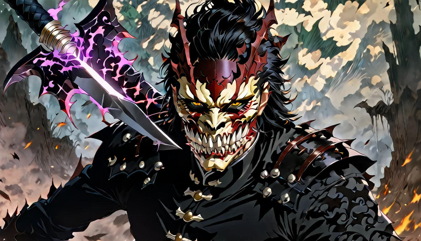 demon mask, sword on the hand,close up, black heavy detailed clothes, hand katana, art, dark and malevolent, hand sword, armor, powerful and intimidating, (masterpiece, best quality, ultra-detailed, best shadow), (detailed background, dark fantasy) dramatic light, intricate details, dark and malevolent, powerful and intimidating, Dark and foreboding, malevolent force, sinister and chilling, armor, high detailed background, girl in demon slayer art, demon slayer art style, epic anime art, God death