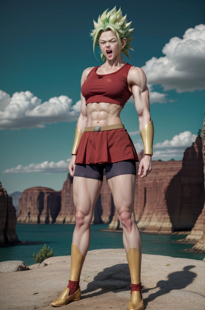 masterpiece, best quality, berserkKale, green hair, muscular female, no pupils, red tank top, red skirt, bracer, midriff, shorts under skirt, looking at viewer, open mouth, furrowed brow, angry, rock formations, standing (((full body))).