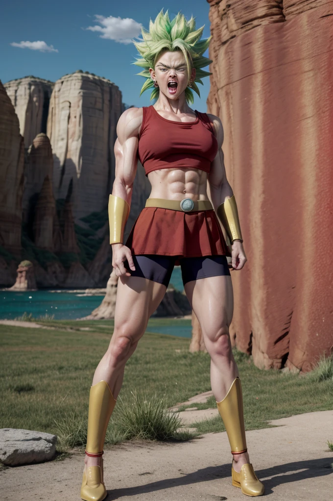 masterpiece, best quality, berserkKale, green hair, muscular female, no pupils, red tank top, red skirt, bracer, midriff, shorts under skirt, looking at viewer, open mouth, furrowed brow, angry, rock formations, standing (((full body))).