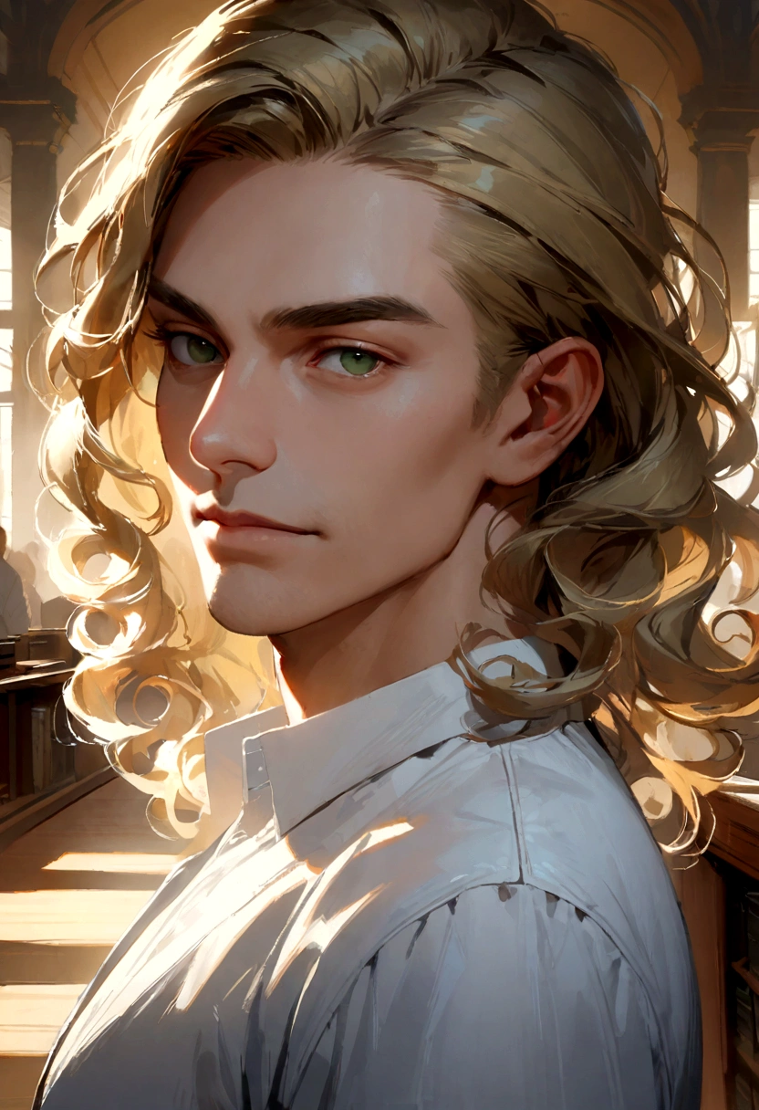 masterpiece, best quality, realistic, 1man, mature male, quiet and charming young man, 18 years old, a smirk, closed mouth, portrait, extremely detailed face, a little distant, ((dark green eyes)), ((short-side-swept sandy blonde hair)(curly hair))(bangs) [thick eyebrows], library, ((White shirt)) side profile (white school hallway outise