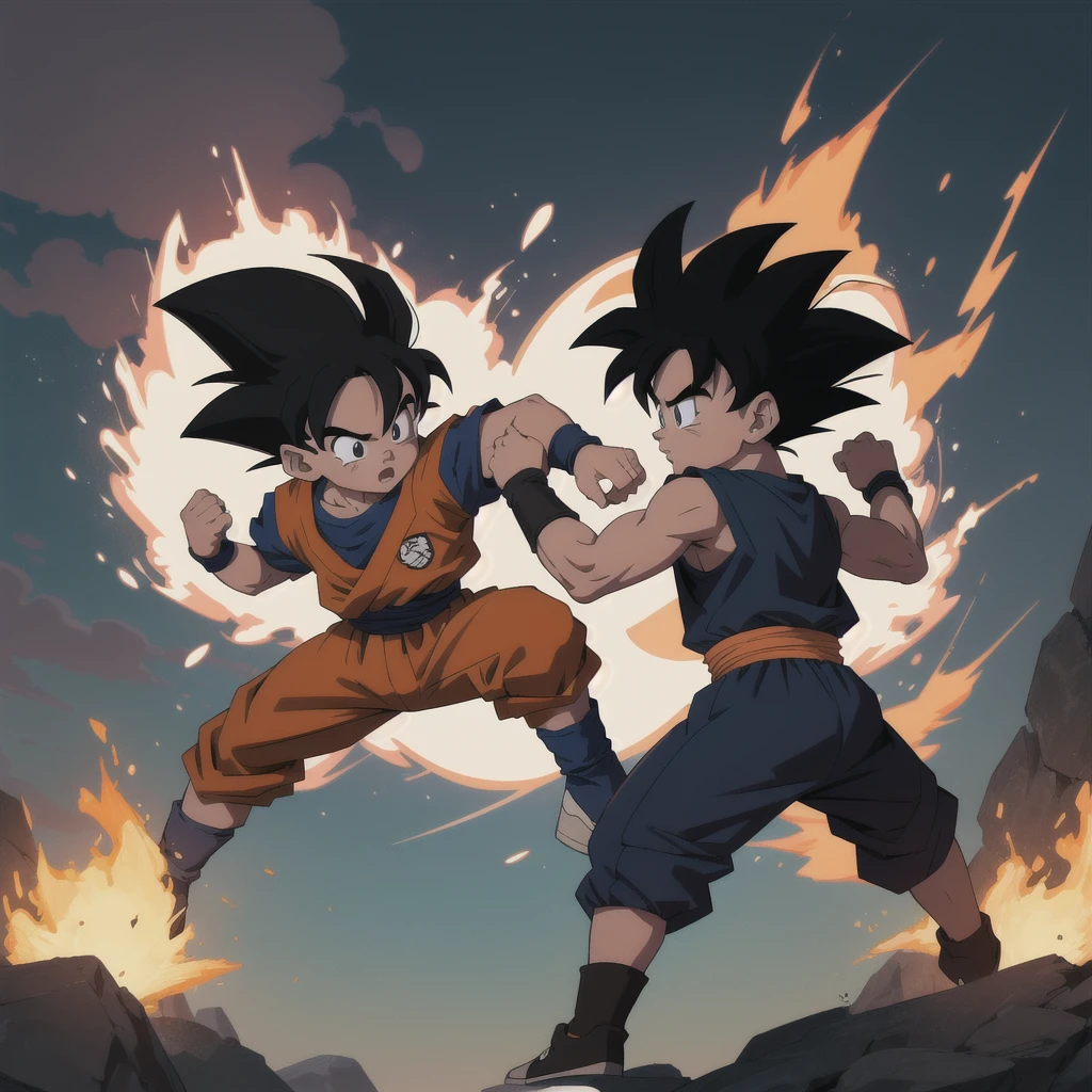 Manga style, illustration, line art style, high quality, manga masterpiece, highres, very detailed, digital illustration, small ??? Goku and alien Piccolo, Dragonball, black hair, spiked hair, real goku clothes orange color, black belt and black shoes, fire ball, dougi, outdoors,fighting,