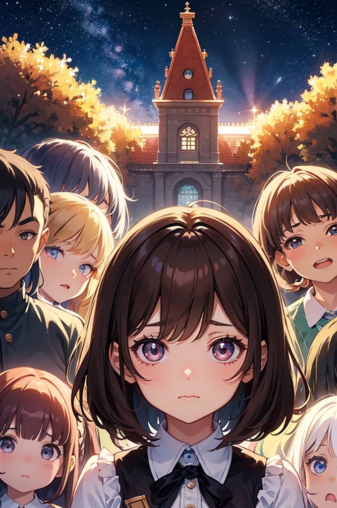make a 7 year old girl, Brunetette, with short brown hair and big, starry eyes, is surrounded by other children who laugh and make unpleasant comments. She shrinks, trying not to cry. anime styling