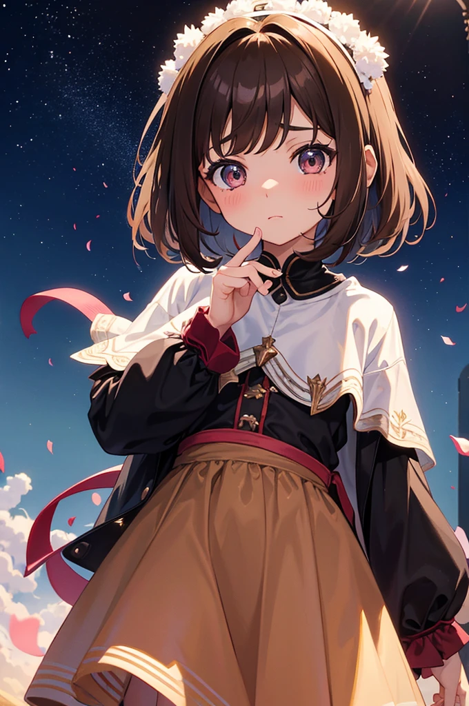 make a 7 year old girl, Brunetette, with short brown hair and big, starry eyes, is surrounded by other children who laugh and make unpleasant comments. She shrinks, trying not to cry. anime styling