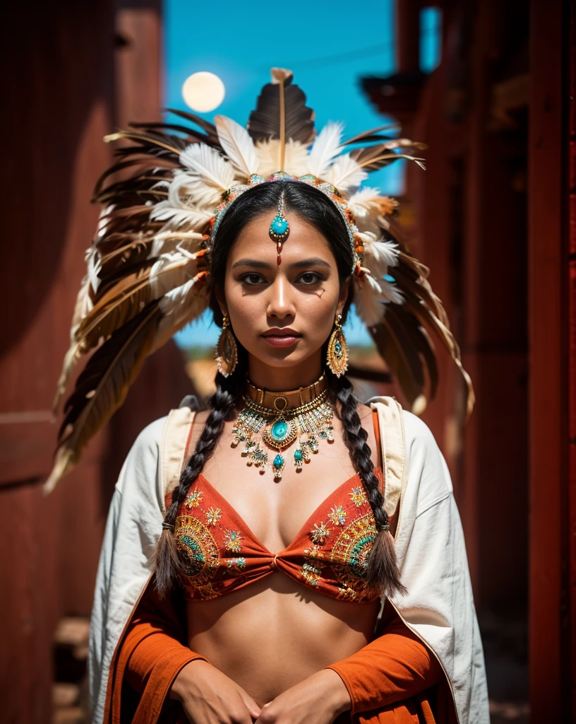 Beautiful Cherokee Indian woman with beautiful terracotta colored headdresses, blackw, doradas, cobre, Pearl, white and beige, feathers made of bright neon of various colors, flares on camera, bokeh, full moon night
