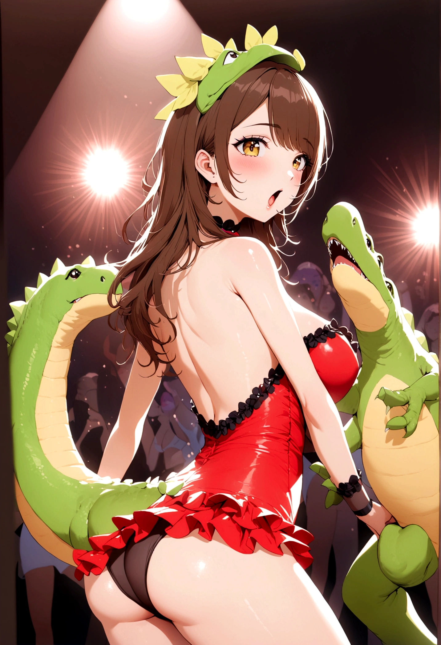 A cute woman in a sexy costume as a dinosaur, playful, dancing, on stage at a ladyboy bar in Bangkok. she is loving the attention