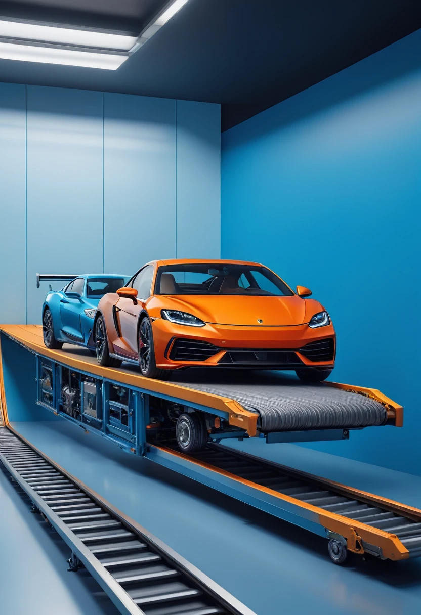 (best quality,4k,8k,highres,masterpiece:1.2),ultra-detailed,(realistic,photorealistic,photo-realistic:1.37),optical illusion art,three dimention wall, a long conveyer moving with a small car on the conveyer, illustrator, high imagine, zoom in, no person, only the conveyer and the car, no background, gradient blue background