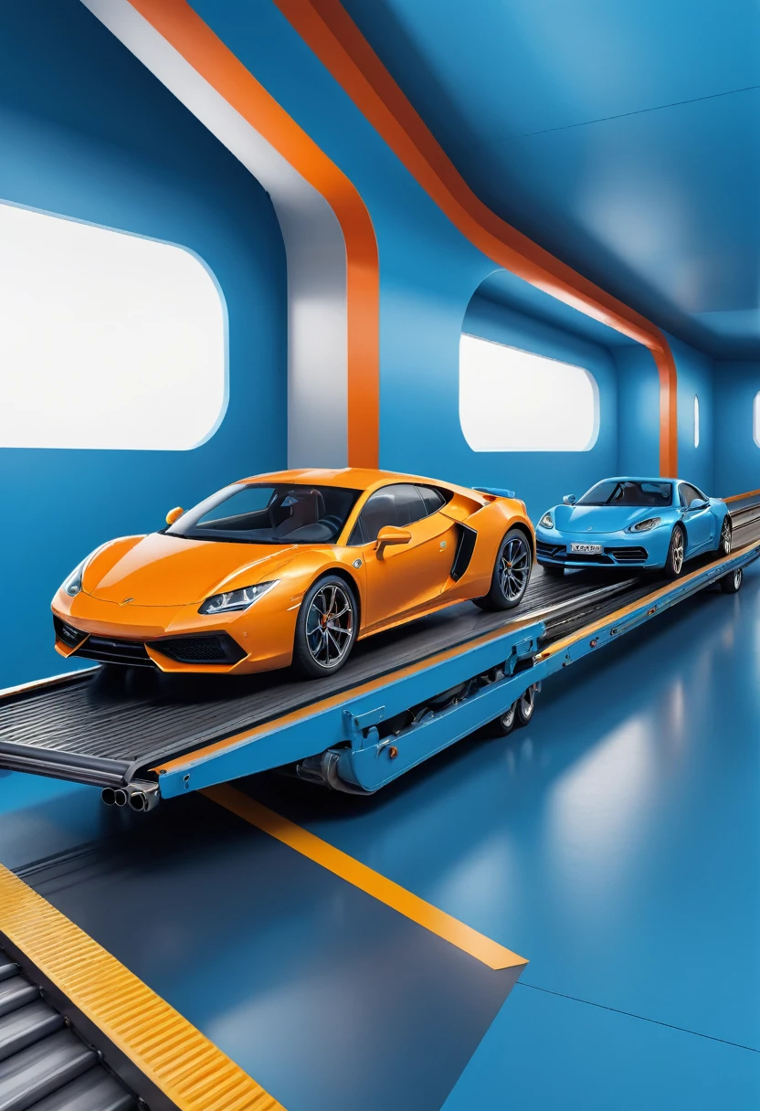 (best quality,4k,8k,highres,masterpiece:1.2),ultra-detailed,(realistic,photorealistic,photo-realistic:1.37),optical illusion art,three dimention wall, a long conveyer moving with a small car on the conveyer, illustrator, high imagine, zoom in, no person, only the conveyer and the car, no background, gradient blue background