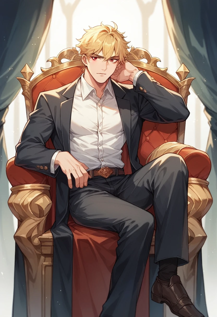 A boy with blonde hair and red eyes in black pants and white shirt with blazer with golden craft while he was sitting on a kings throne with cold look