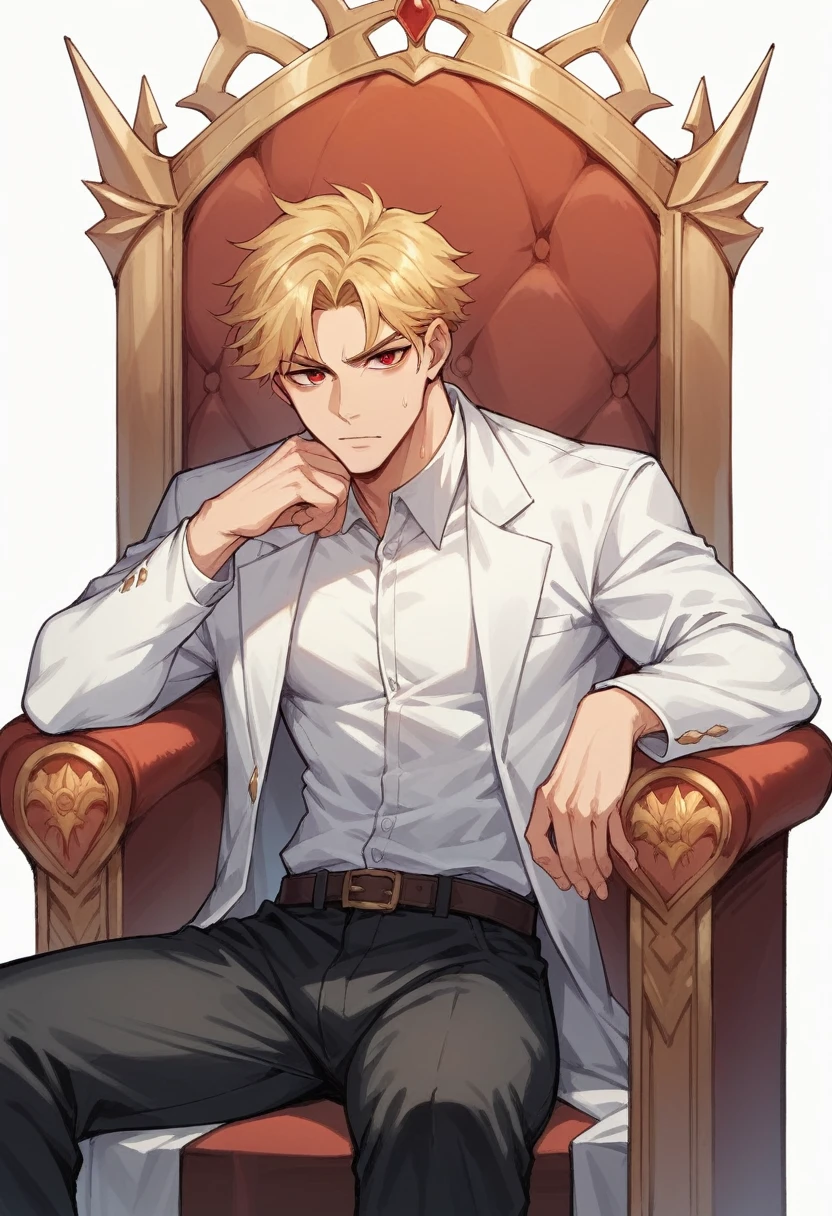 A boy with blonde hair and red eyes in black pants and white shirt with blazer with golden craft while he was sitting on a kings throne with cold look