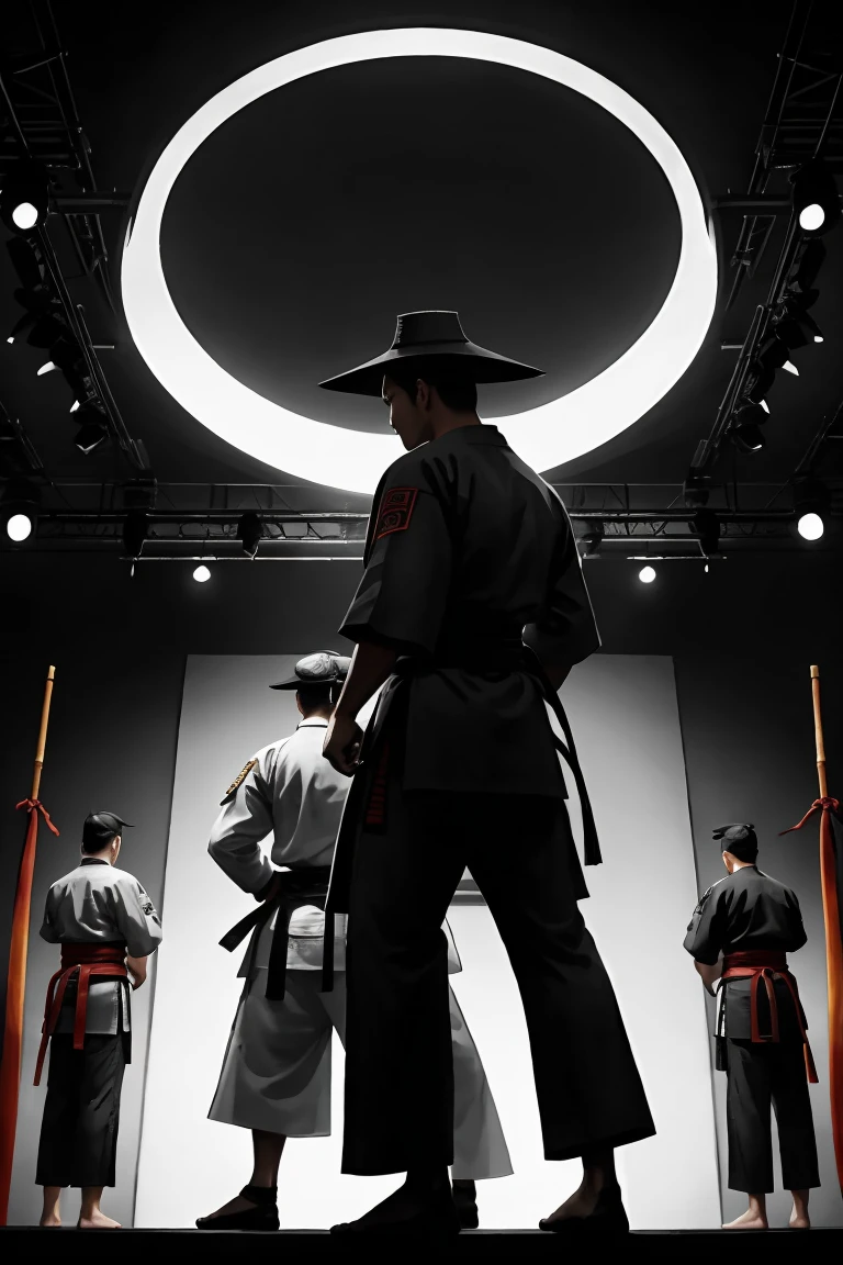 The scene of the martial arts alliance leader taking the stage, with a martial arts alliance leader standing on a high platform, looking down at the many martial arts masters who were subdued below. The leader of the martial arts alliance is wearing a bamboo hat, covering the upper part of his face. Mainly showcasing the profile or back of the martial arts alliance leader. Chinese ink style, with black and white as the main color tone.
