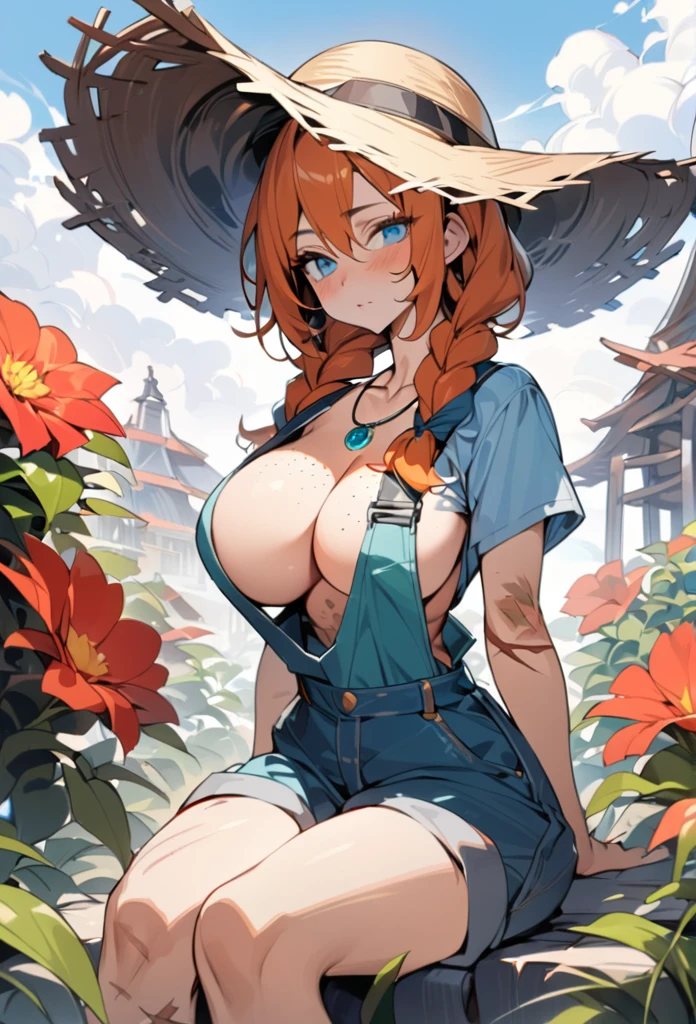 character tension, cool, solo, human, waist up, farm girl, female, solo, blue eyes, cleavage, straw hat, long twin braids, orange hair, bronze round glasses, small thin silver necklace with a turquoise stone, overalls, suspenders, yellow frilly shirt, ((freckled skin, lots of freckles on breasts)), large breasts, ((small scars on body, acne scarred skin)) ,sitting on garden flowers,cloud,(((masterpiece,best quality))),((good structure,Good composition,good atomy)), ((original,beautiful))