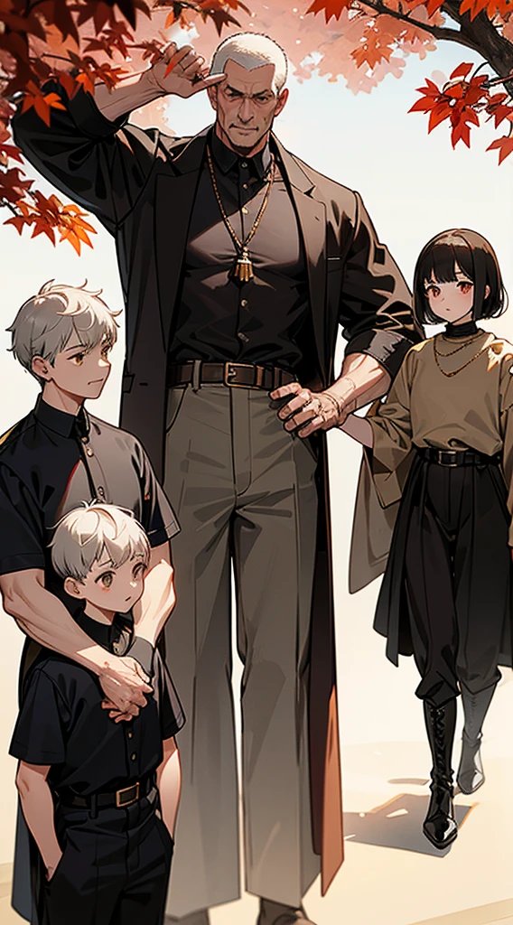 Handsome elderly man, black and gray hair, very short hair, ((crew cut: 1)), golden eyes, fair skin, ((muscular: 1)), man, 50 years old, muscular, in good shape, muscular. no shirt, gold details, wide gray pants, black and brown belts, black boots, many belts, paladin, patriarch, black trees with red leaves, trees in the background, man with his sons and daughters.
