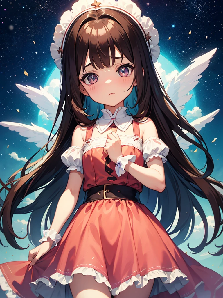 make a 7 year old girl, Brunetette, with short brown hair and big, starry eyes, is surrounded by other children who laugh and make unpleasant comments. She shrinks, trying not to cry. anime styling