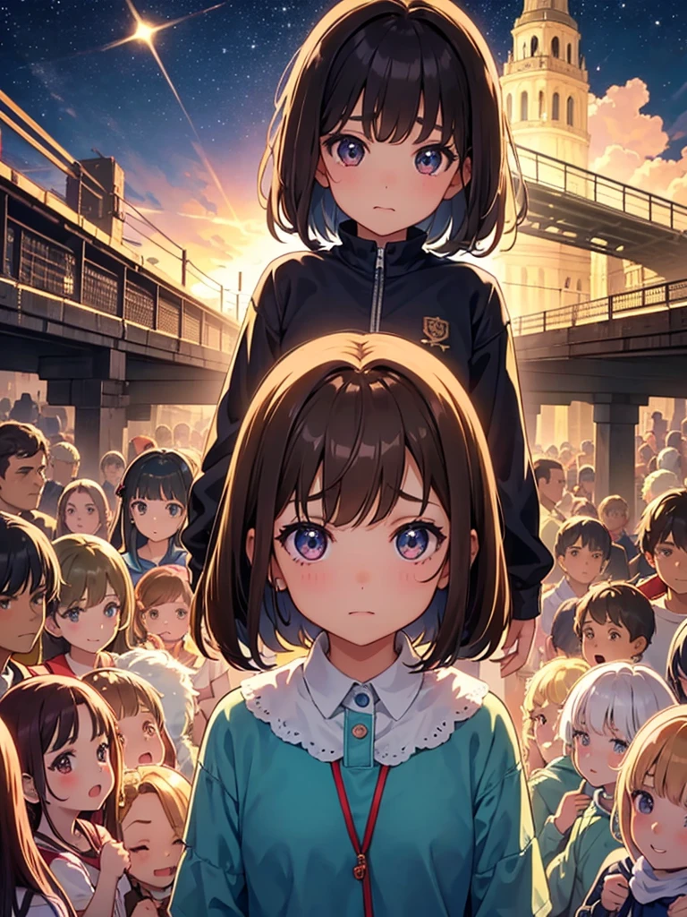 make a 7 year old girl, Brunetette, with short brown hair and big, starry eyes, is surrounded by other children who laugh and make unpleasant comments. She shrinks, trying not to cry. anime styling
