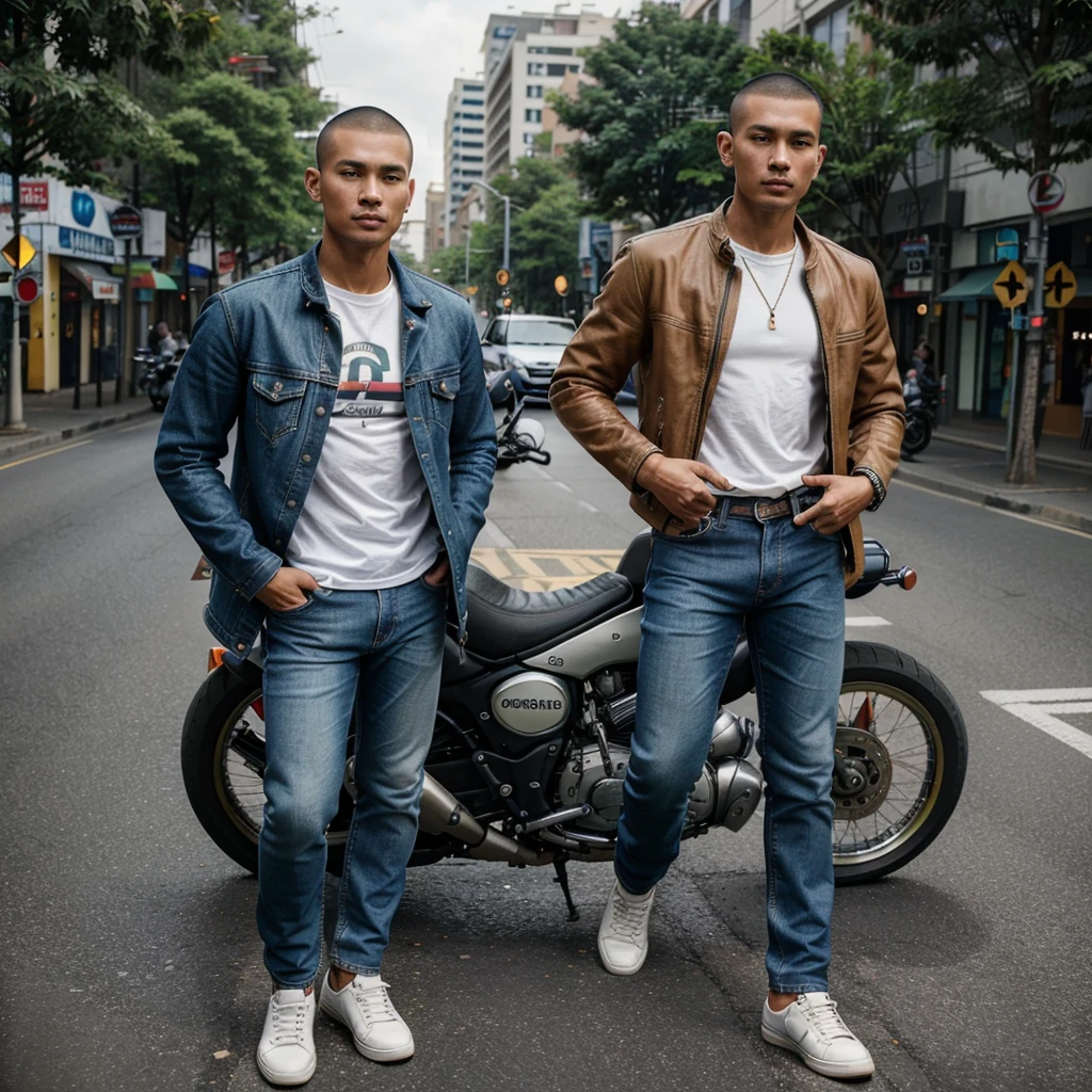 Photo of handsome Indonesian man,tall and athletic,buzzcut hairstyle,jacket jeans,jeans,canvas shoes,riding a motorcycle,on the main road of a city,10k uhd,300 dpi.