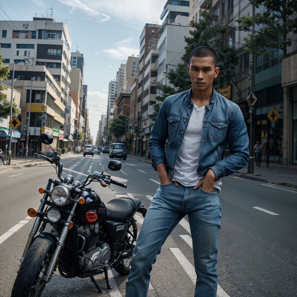 Photo of handsome Indonesian man,tall and athletic,buzzcut hairstyle,jacket jeans,jeans,canvas shoes,riding a motorcycle,on the main road of a city,10k uhd,300 dpi.