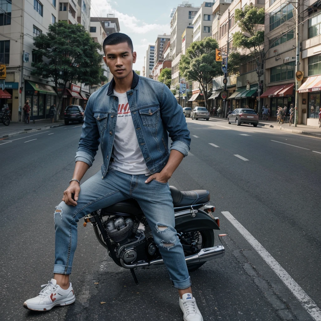 Photo of handsome Indonesian man,tall and athletic,buzzcut hairstyle,jacket jeans,jeans,canvas shoes,riding a motorcycle,on the main road of a city,10k uhd,300 dpi.