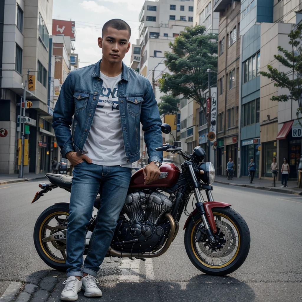 Photo of handsome Indonesian man,tall and athletic,buzzcut hairstyle,jacket jeans,jeans,canvas shoes,riding a motorcycle,on the main road of a city,10k uhd,300 dpi.