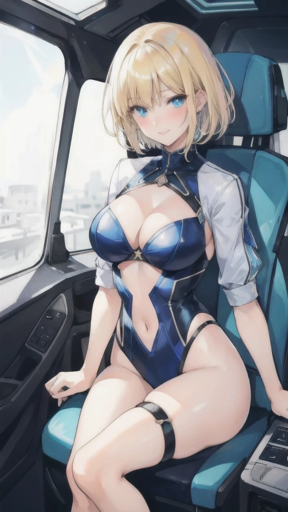 A young sexy woman with blond hair and blue eyes,short hair,wearing hot clothes,Sitting in the spaceship seat,Beautiful starla can be seen in the window,Smile,Blushing,Large Breasts,Sexy