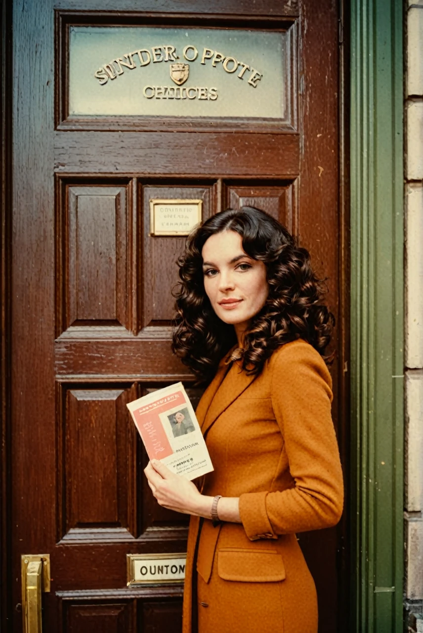 Polaroid photo of a woman with a vintage 70s aesthetic, black wavy hair, warm tones, faded colors, cinematic, nostalgic feel, candid pose, 1970s london post office door, Fine art photography style
