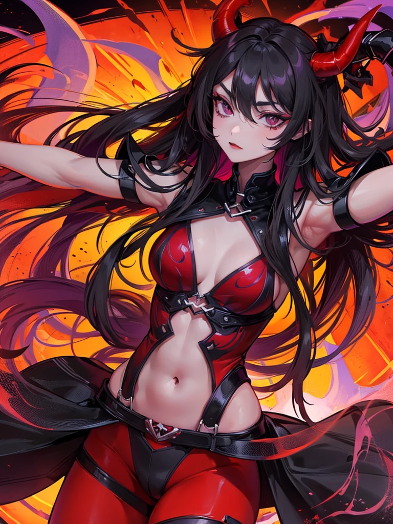 Demon girl with red skin, black horns, completely black eyes, straight black hair, muscular, purple eyes, demon tail, Red skin , black eyes, purple eyes, hero costume
