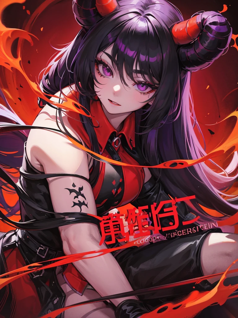 Demon girl with red skin, black horns, completely black eyes, straight black hair, muscular, purple eyes, demon tail, Red skin , black eyes, purple eyes, hero costume