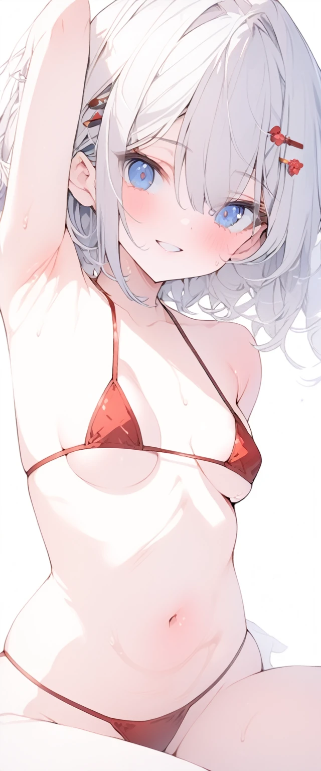 beautiful, masterpiece, Highest quality, anime, One girl, C Cup,Portrait Shot, View your viewers, Covered、Short Hair、nearby、Blue Eyes、art、、White hair,Blue streaked hair、hairpin、Cute smile、Thighs、Cute、Sweat、navel、Armpit、Underboob、Red lace_Micro Bikini、