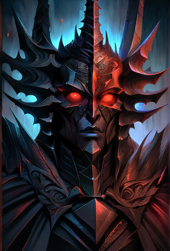 a highly detailed portrait of Sauron, the Dark Lord, extremely intricate and realistic, masterfully rendered, dark and ominous atmosphere, glowing red eyes, sharp angular features, menacing expression, ornate dark armor, dramatic lighting, moody color tones, cinematic composition, gothic fantasy, chiaroscuro effect, digital painting