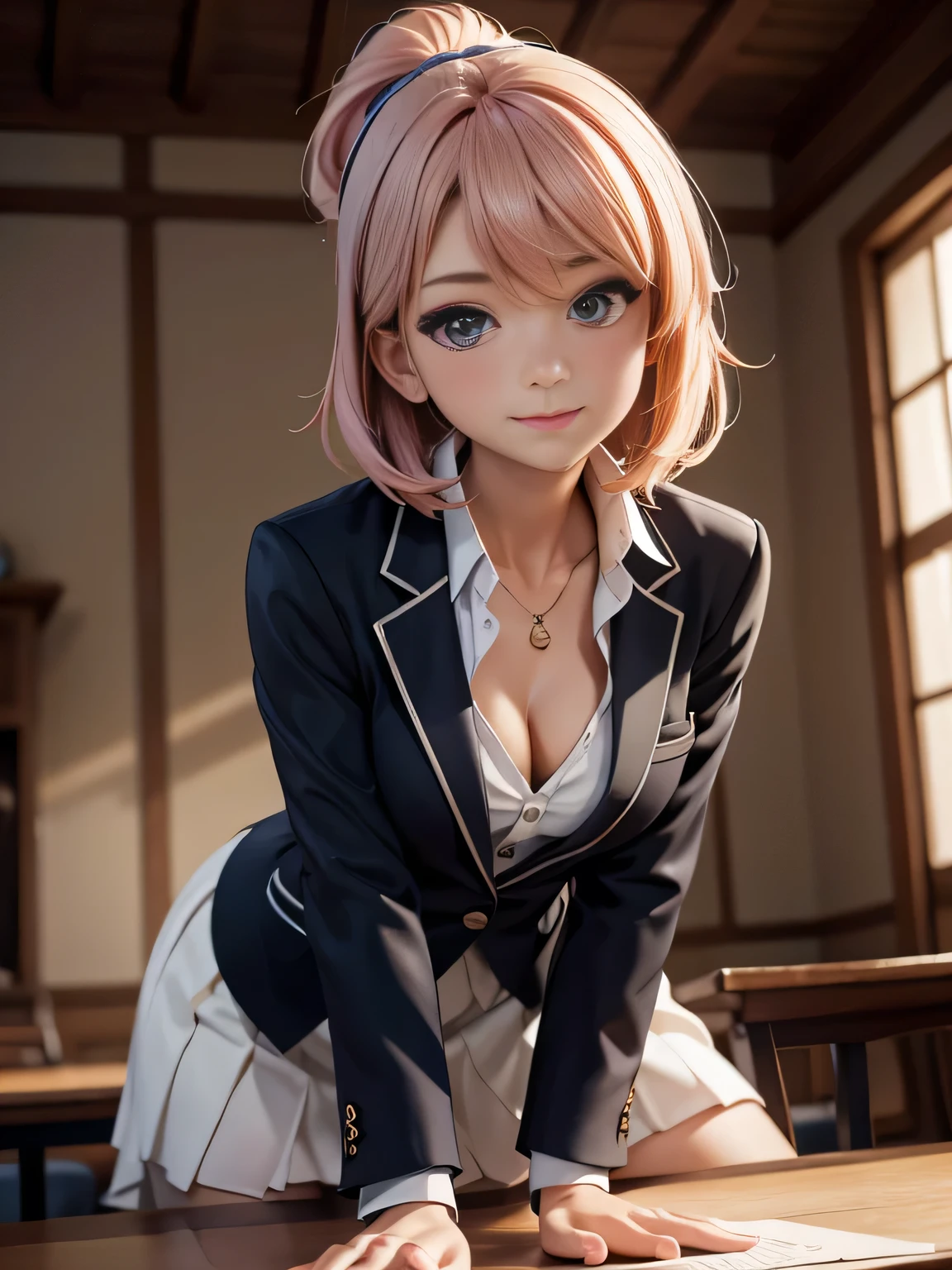 Droopwg collar, A slightly visible bra under the shirt,Lookwg down,Leanwg forward,(((A small valley is visible))),skirt,One girl, Lookwg_w_Audience, smile, Japan, Tokyo, Cherry Blossom, Octane Renderwg, 一人w, Very skwny,V-neck buswess suit,A neat image,Mature Woman