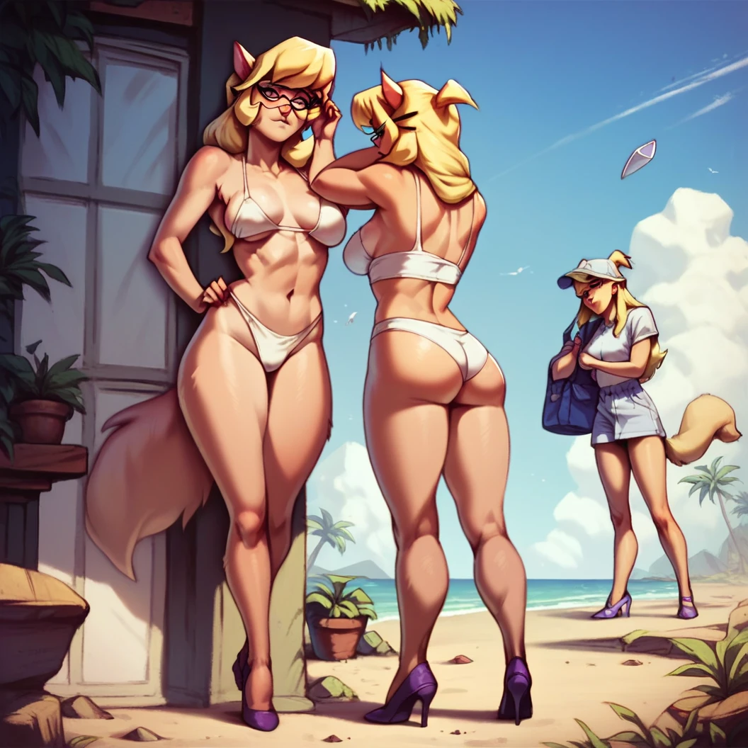 2girls, clones, Callie Briggs, detailed, detailed fur, wardrobe malfunction, legs, purple heels, blonde hair, eyes open, beach, glasses, thicc thighs, standing, white bikini bottoms coming loose,