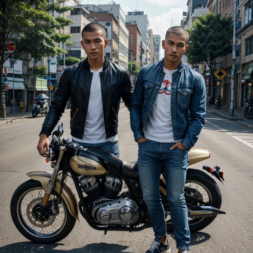 Photo of handsome Indonesian man,tall and athletic,buzzcut hairstyle,jacket jeans,jeans,canvas shoes,riding a motorcycle,on the main road of a city,10k uhd,300 dpi.