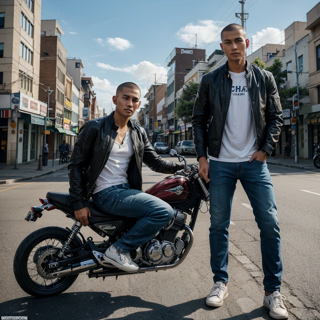 Photo of handsome Indonesian man,tall and athletic,buzzcut hairstyle,jacket jeans,jeans,canvas shoes,riding a motorcycle,on the main road of a city,10k uhd,300 dpi.