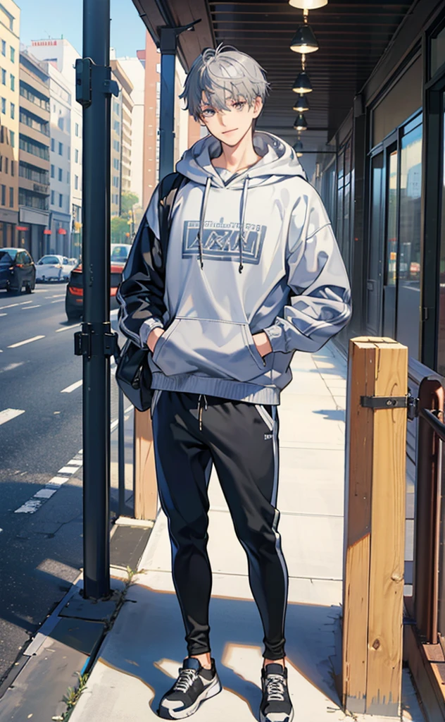 juvenile,Gray hair,Standing,Greet the screen with a smile,whole body。Grey Hoodie,Brown trousers,sports shoes。individual。