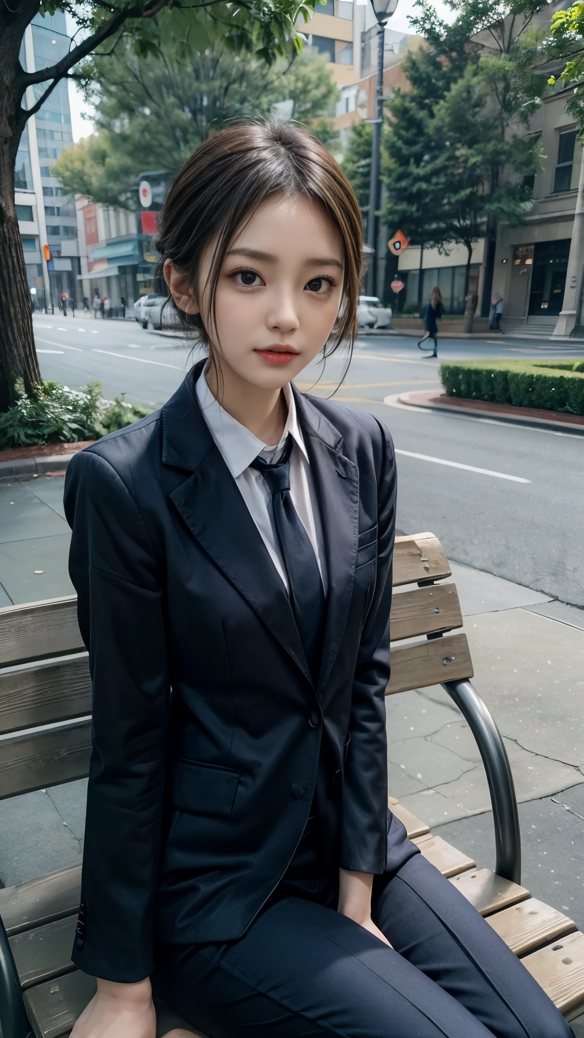 ((Beautiful woman sitting cross-legged on a park bench:1.2, trouble)), (Beautiful , Baby Face: lips), tie, Navy Suit, Short Hair, Very deep darkness, Black Companies, Slender body line, Small and slender figure, ((The slit reveals her seductive thighs)), (Detailed eyes and face, Professional photography techniques), (Highest quality, 8K, masterpiece:1.2, RAW Photos)