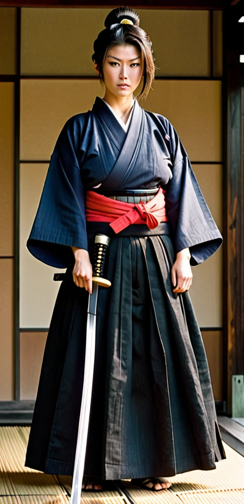 Samurai woman with gigantic round breast that are twice the size of her head, she has extremely wide hips, she wears a long dark hakama that covers her body, holding katana, she has a serious look on her face, ready for battle
