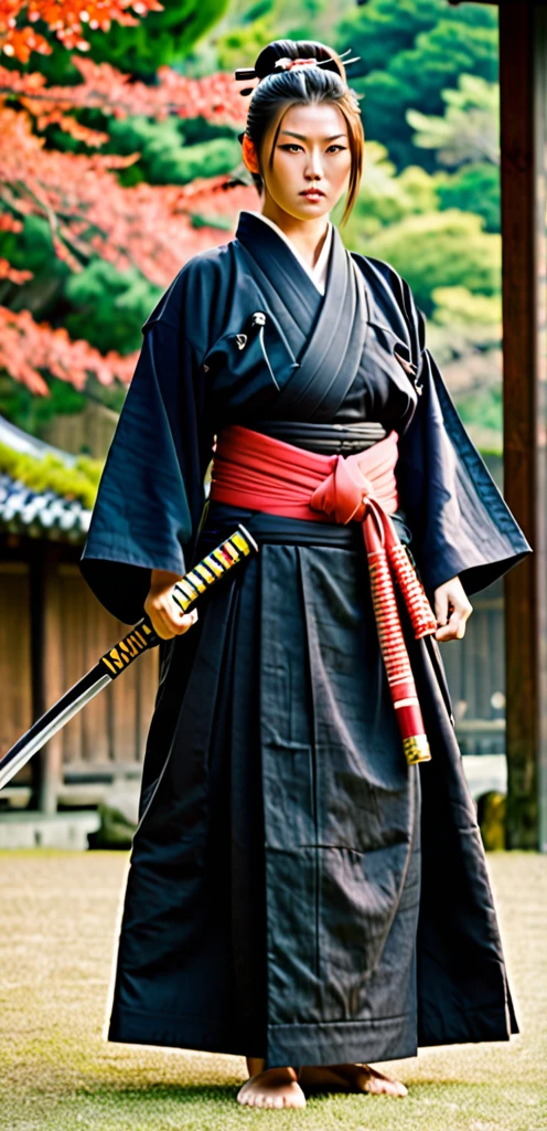 Samurai woman with gigantic round breast that are twice the size of her head, she has extremely wide hips, she wears a long dark hakama that covers her body, holding katana, she has a serious look on her face, ready for battle